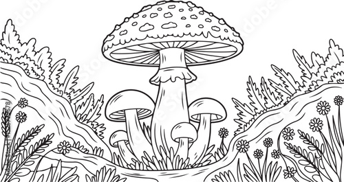 mushroom forest coloring page with large toadstool in the center surrounded by plants, grass, and whimsical foliage elements