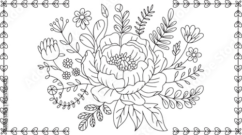 floral bouquet outline with large central peony surrounded by delicate wildflowers and leafy branches in decorative border