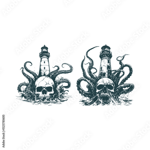 Skull octopus and lighthouse design vector engraving design illustration