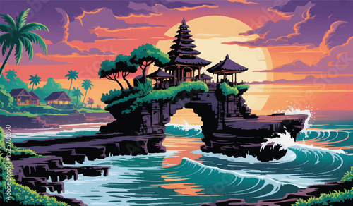 Tropical Island Temple at Sunset – Vibrant Ocean Coast Artwork with Waves, Palms, and Colorful Sky in Retro Style