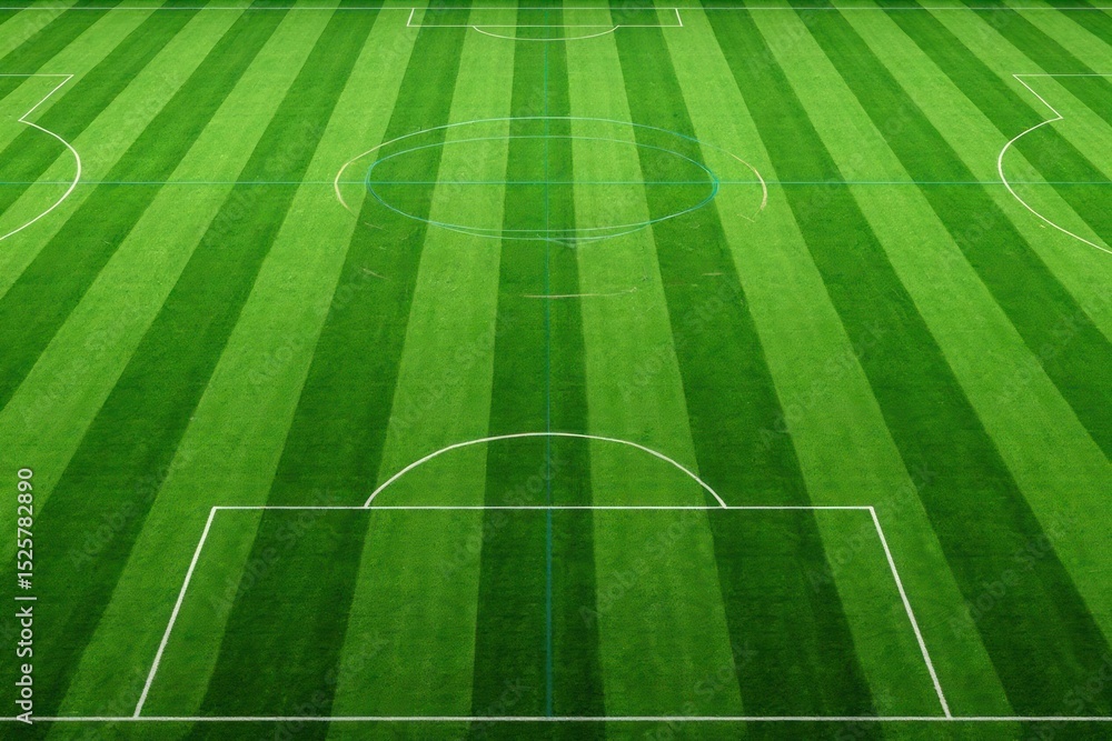 Obraz premium Soccer field green grass stripes aerial view