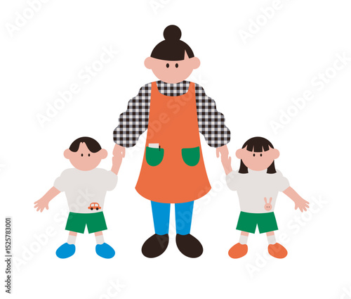 子ども達と手をつなぐ幼稚園、保育園の先生のイラスト