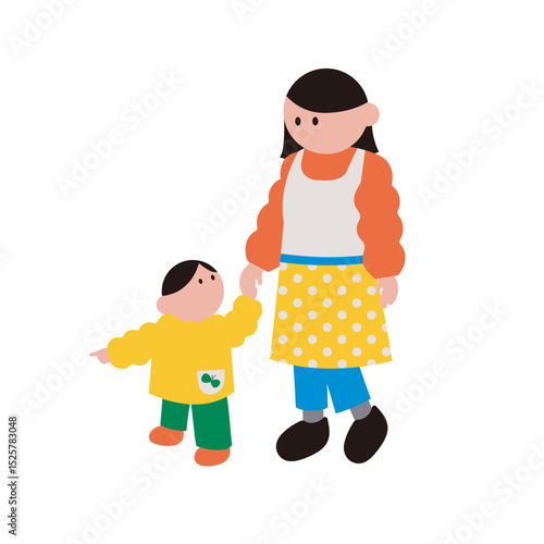 子どもと手をつないで話す幼稚園、保育園の先生のイラスト