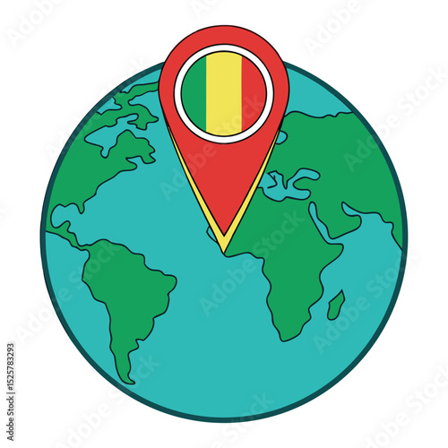 Mali location on the earth illustrated with a map pin and flag