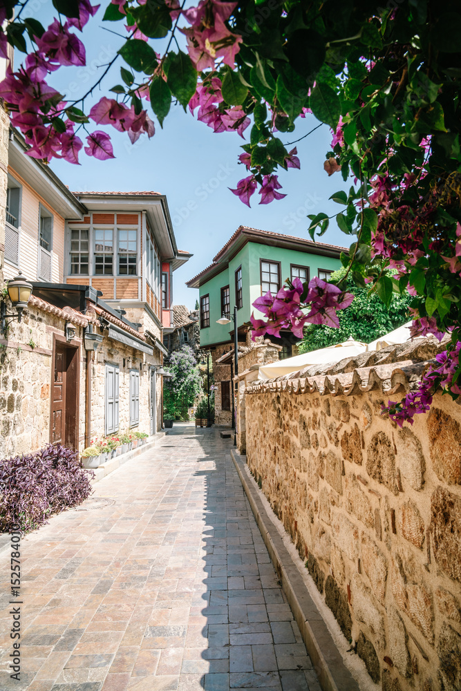 Fototapeta premium Charming Streets and Flowers in Antalya Old Town, Turkey