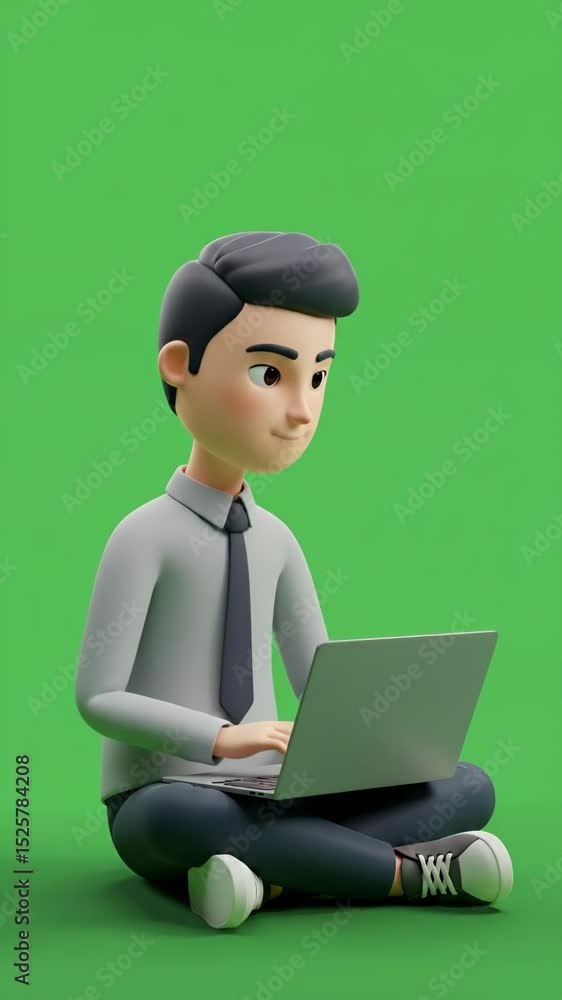 Vertical video of a 3D character sitting cross-legged on the floor while using a laptop, showcasing a casual work environment with a green screen. Vertical video of a 3D character sitting cross-legged on the floor while using a laptop, showcasing a casual work environment with a green screen.