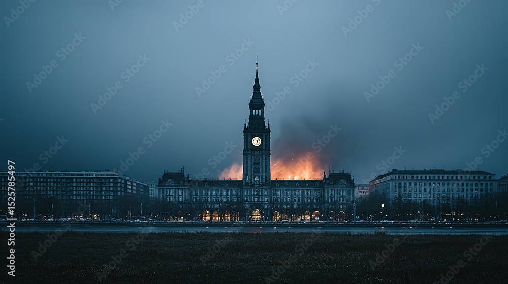 Fototapeta premium Architectural view of a large building at twilight with a prominent clock tower.