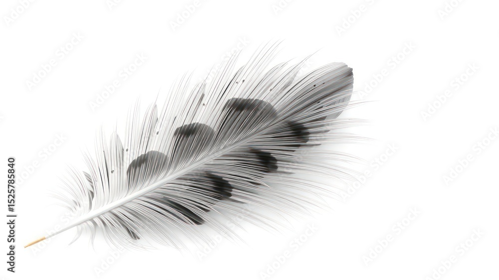Delicate single bird feather with intricate details, presented in a minimalist composition with a clean white background