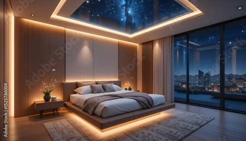 Interior of a modern bedroom with a floating bed, warm LED lighting, and a night sky view By Let it be