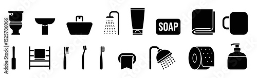 Bathroom essentials icons set including toilet, sink, shower, soap, towel and other hygiene items