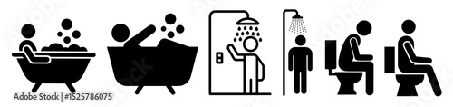 Pictogram set showing bathing showering and toilet use in a simple black and white design style