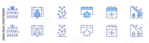 Seasons icon set in two styles, Duotone and Thin Line style. Editable stroke. spring break, autumn, winter, calendar, tree, avalanche