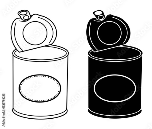 Illustration of two open cans one in black outline and the other in white outline with a label space