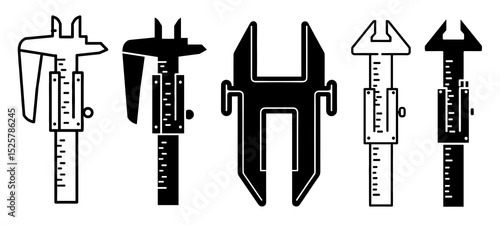 Illustration showcasing five different calipers with varying designs and contrasting black and white tones