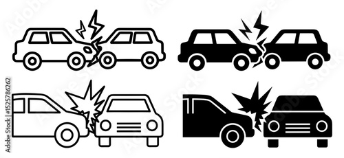 Illustration showing four car crash icons in black and white with collision and damage depicted
