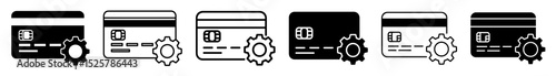 Six credit card icons with gears representing settings and configuration options for financial transactions
