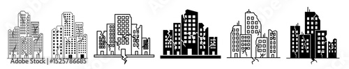 Illustration of city buildings with cracks and damage in black and white disaster affected cityscape view