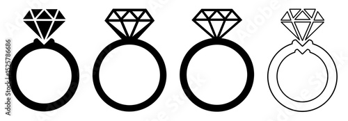Illustration of four rings with diamonds in black and white in a row on a white background design