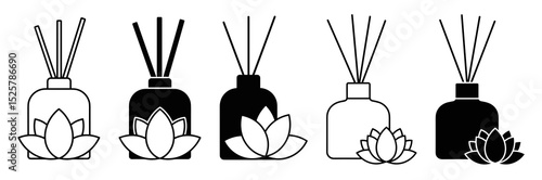 Illustration of five reed diffusers with lotus flowers in black and white color scheme design element
