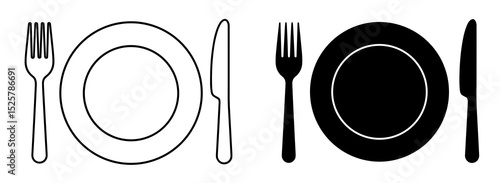 Two sets of cutlery with a fork plate and knife in black and white on a plain background design image