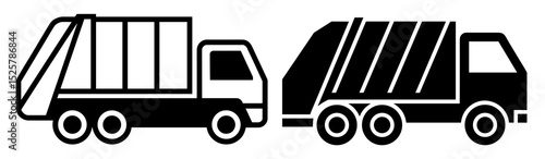 Two garbage trucks one in outline and one in solid black showing transportation vehicles design idea