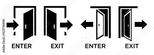 Illustration showing enter and exit signs with arrows and open doors in black and white style