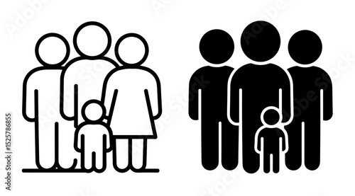 Illustration of two family groups one in outline and one in solid black on a white background