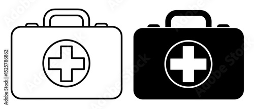 Illustration of two first aid kits one in black and one in white with a white cross in a circle on each one