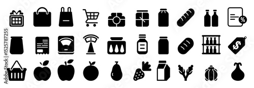 Collection of black grocery icons including food items shopping bags and related objects in a grid format