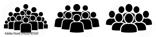 Three groups of stylized people icons in black showing various arrangements of the crowd design