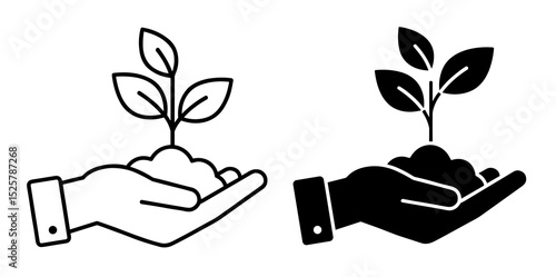 Two hands holding a small plant with leaves in soil one in outline and one in solid black color