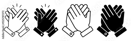 Illustration of four pairs of hands clapping in black and white line art style on a white background