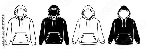 Four hoodies in black and white with drawstrings and front pockets on a white background isolated