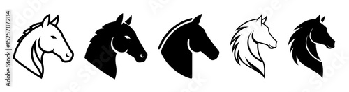 Collection of five horse head silhouettes in black and white showcasing different mane styles and outlines