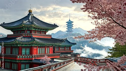 Wallpaper Mural Tranquil Asian Temple with Cherry Blossoms Torontodigital.ca