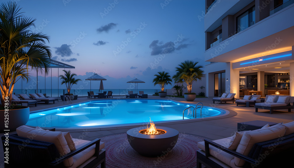 Modern poolside lounge with LED lights and comfortable seating, ambient lighting, luxurious hotel Modern poolside lounge with LED lights and comfortable seating, ambient lighting, luxurious hotel