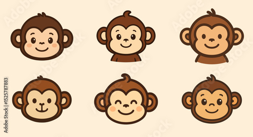 Collection of six cartoon monkey faces with varying expressions and brown and beige coloring style