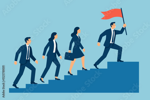 Team support help success, teamwork to progress and success together, company growth step or employee development, team achievement concept, business people team up holding hand help climb up stair.