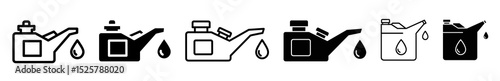 Depiction of various fuel container icons with spouts and liquid drops in black and white styles