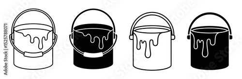 Four paint buckets with handles and dripping paint in black and white color scheme in a row view