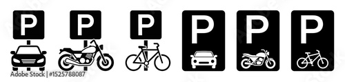 Illustrative parking signs with car motorcycle and bicycle symbols indicating designated parking areas