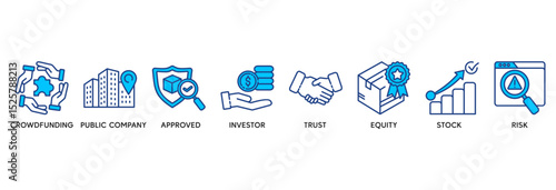 Ipo icon set vector illustration concept relate to initial public offering with icon of crowdfunding, public company, approved, investor, trust, equity, stock and risk