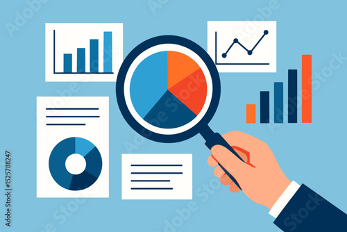 Magnifying glass analyzing investment graph and chart diagram, research statistics, oversight or insight information, market trend concept, businessman hand holding magnifying glass analyze graph. 