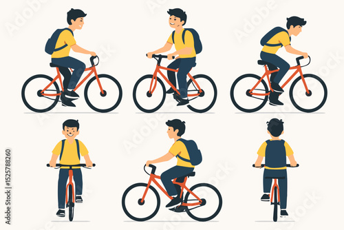 vector set a teenager is riding a bicycle with a simple and minimalist flat design style, plain white background
