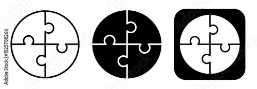 Three variations of a four piece puzzle in circle and square shapes in black and white colors