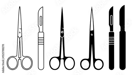 Illustration showing surgical instruments including scissors and scalpels in black and white color scheme