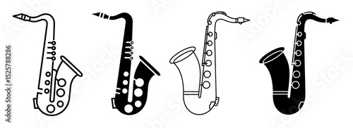 Four saxophone illustrations in black and white showing musical instruments in different styles