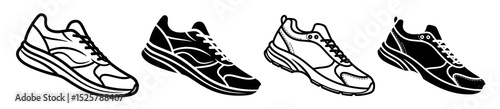 Illustration of four different athletic shoes in black and white with laces and thick soles design
