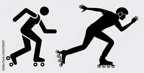 Silhouette of two people rollerblading with one wearing a helmet and protective gear at a fast pace