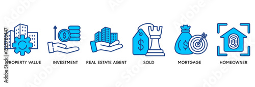 Real estate icon set vector illustration concept relate to property value, investment, real estate agent, sold, mortgage and homeowner